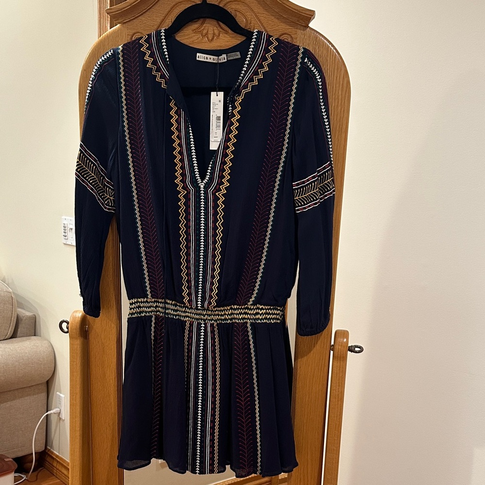 Alice + Olivia Navy Mini Dress with Multicolor Embroidery